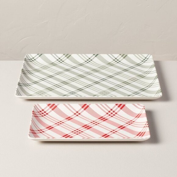 Hearth & Hand Magnolia 2pc Plaid Melamine Christmas Serving Trays Red/Green 2023 - Picture 3 of 10